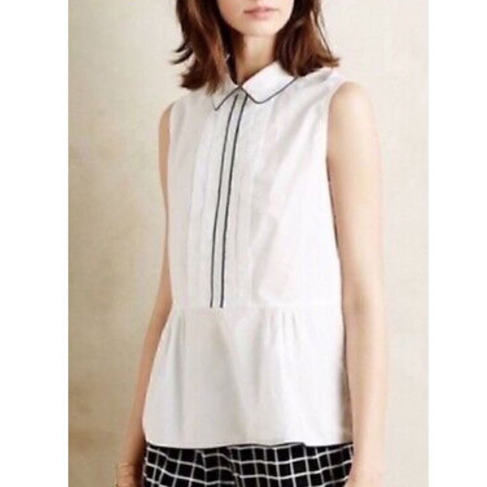 Anthropologie HD in Paris Bennett Sleeveless Collared Peplum Blouse Top White S
